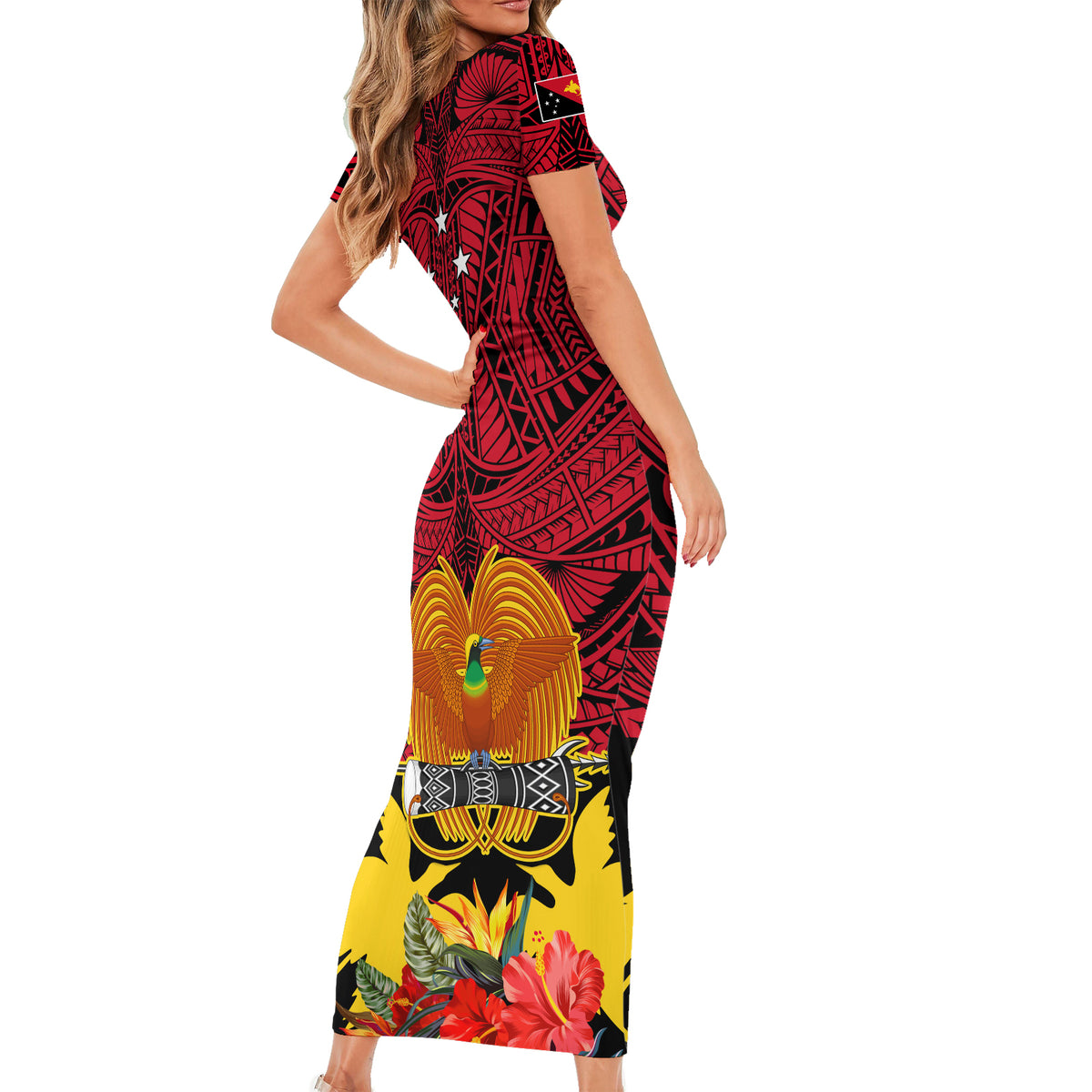 Papua New Guinea Short Sleeve Bodycon Dress Bird Of Paradise Mix Polynesian Pattern LT01 - Polynesian Pride