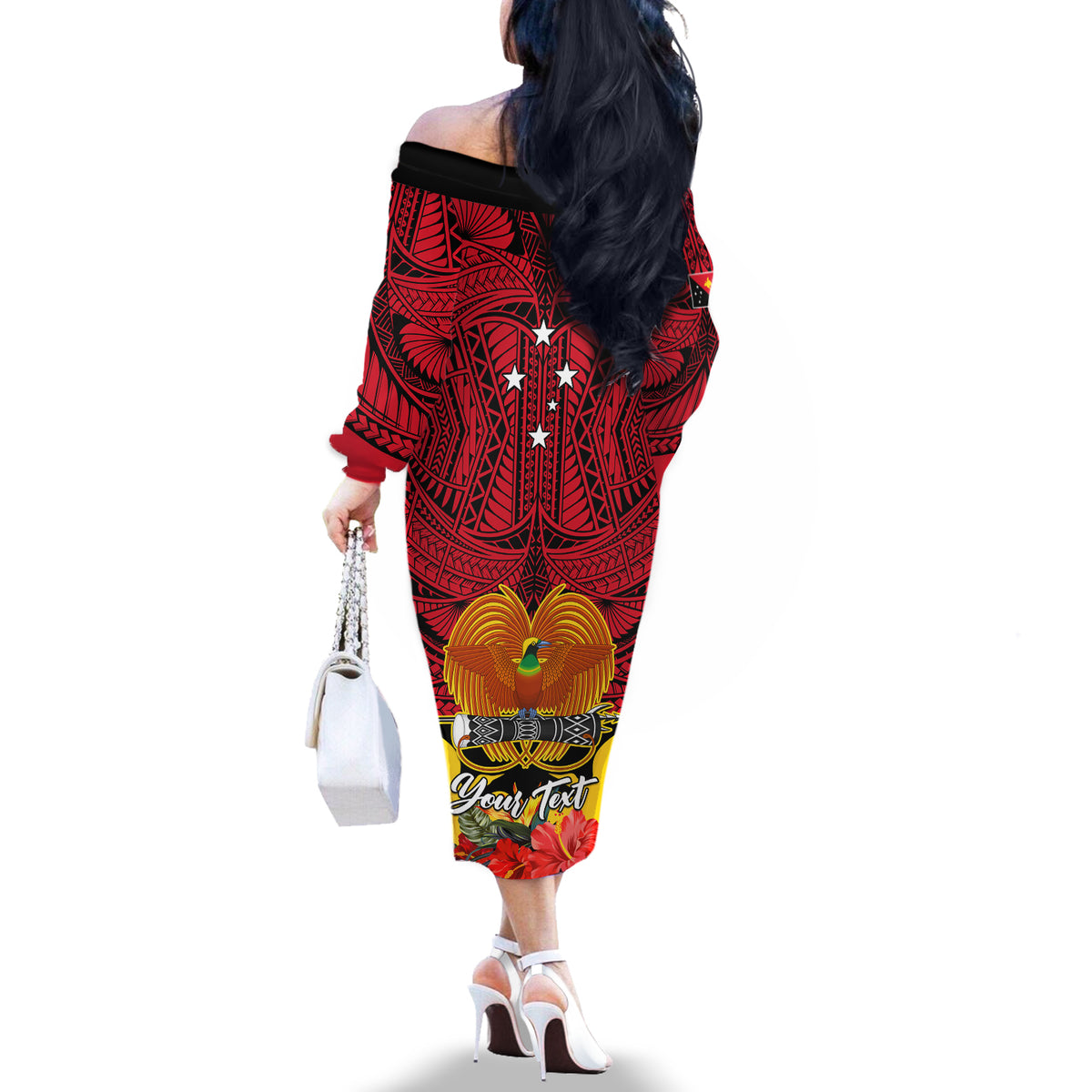 Personalised Papua New Guinea Off The Shoulder Long Sleeve Dress Bird Of Paradise Mix Polynesian Pattern LT01 - Polynesian Pride
