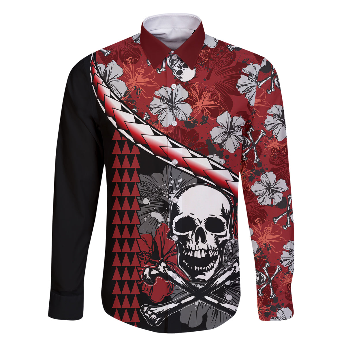 Hawaii Halloween Family Matching Long Sleeve Bodycon Dress and Hawaiian Shirt Hibiscus Skull Kakau Pattern LT01 Dad's Shirt - Long Sleeve Red - Polynesian Pride