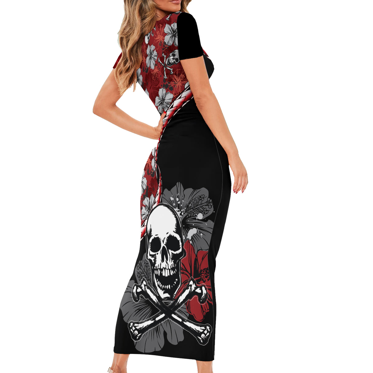 Hawaii Halloween Family Matching Short Sleeve Bodycon Dress and Hawaiian Shirt Hibiscus Skull Kakau Pattern LT01 - Polynesian Pride