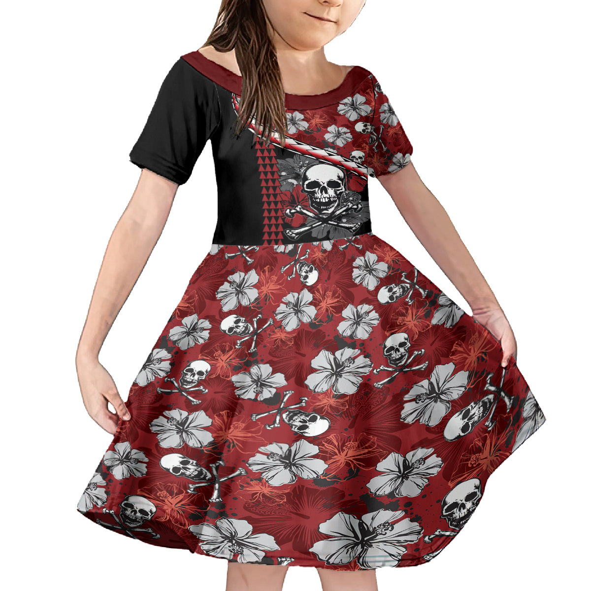 Hawaii Halloween Family Matching Summer Maxi Dress and Hawaiian Shirt Hibiscus Skull Kakau Pattern LT01 Daughter's Dress Red - Polynesian Pride