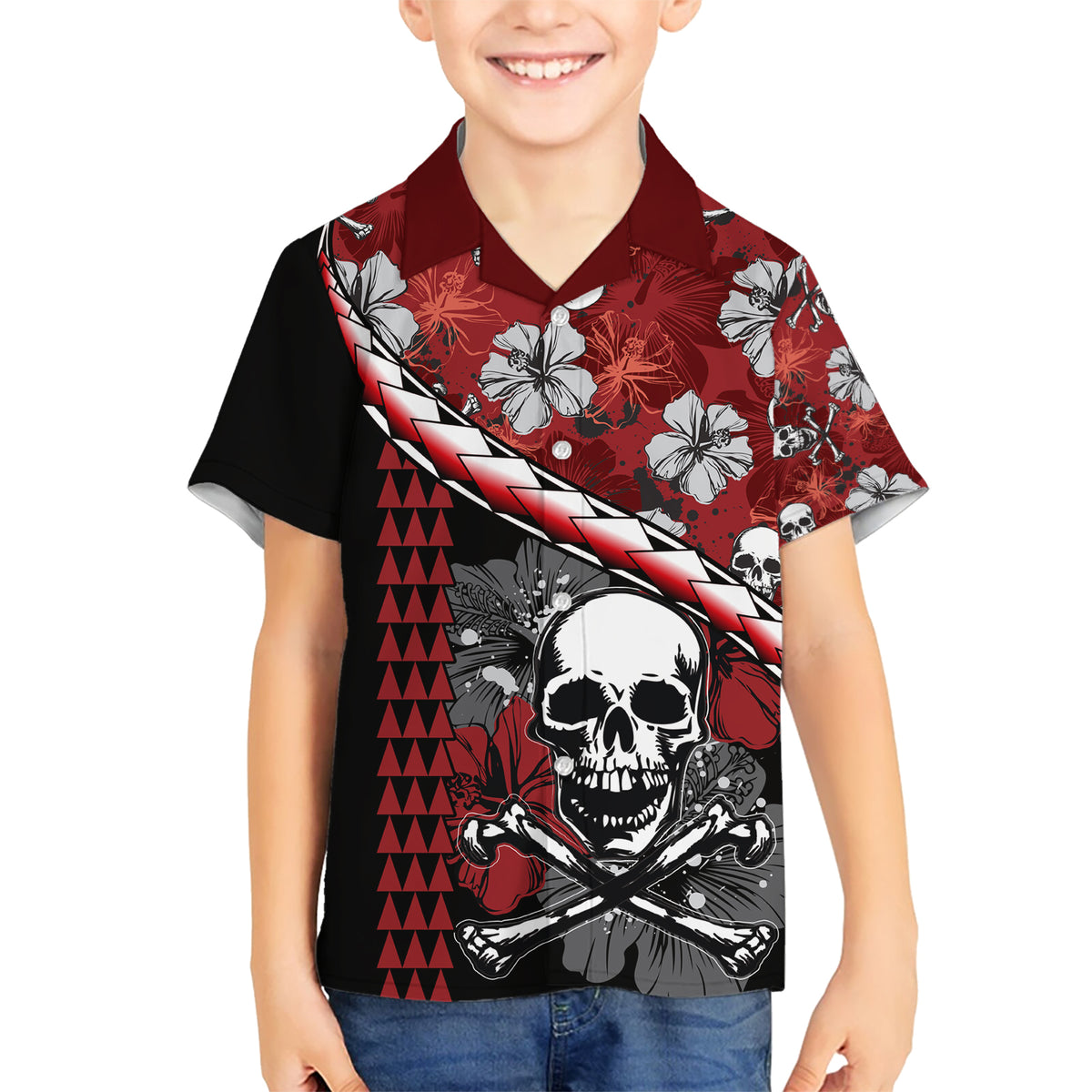 Hawaii Halloween Kid Hawaiian Shirt Hibiscus Skull Kakau Pattern LT01 Kid Red - Polynesian Pride