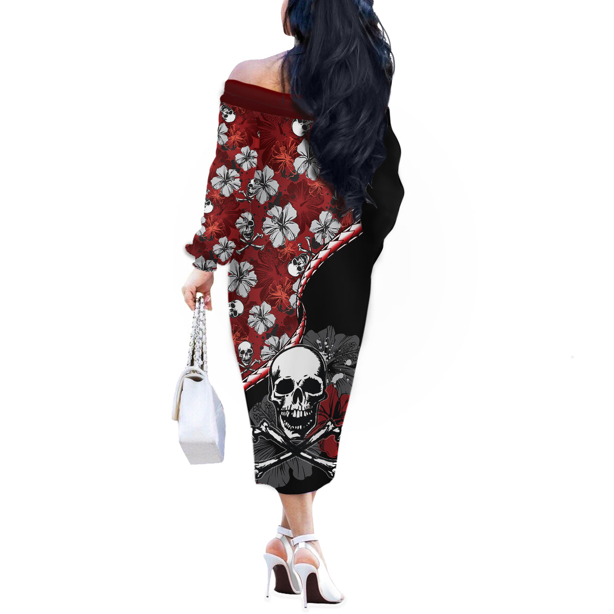 Hawaii Halloween Off The Shoulder Long Sleeve Dress Hibiscus Skull Kakau Pattern LT01 - Polynesian Pride