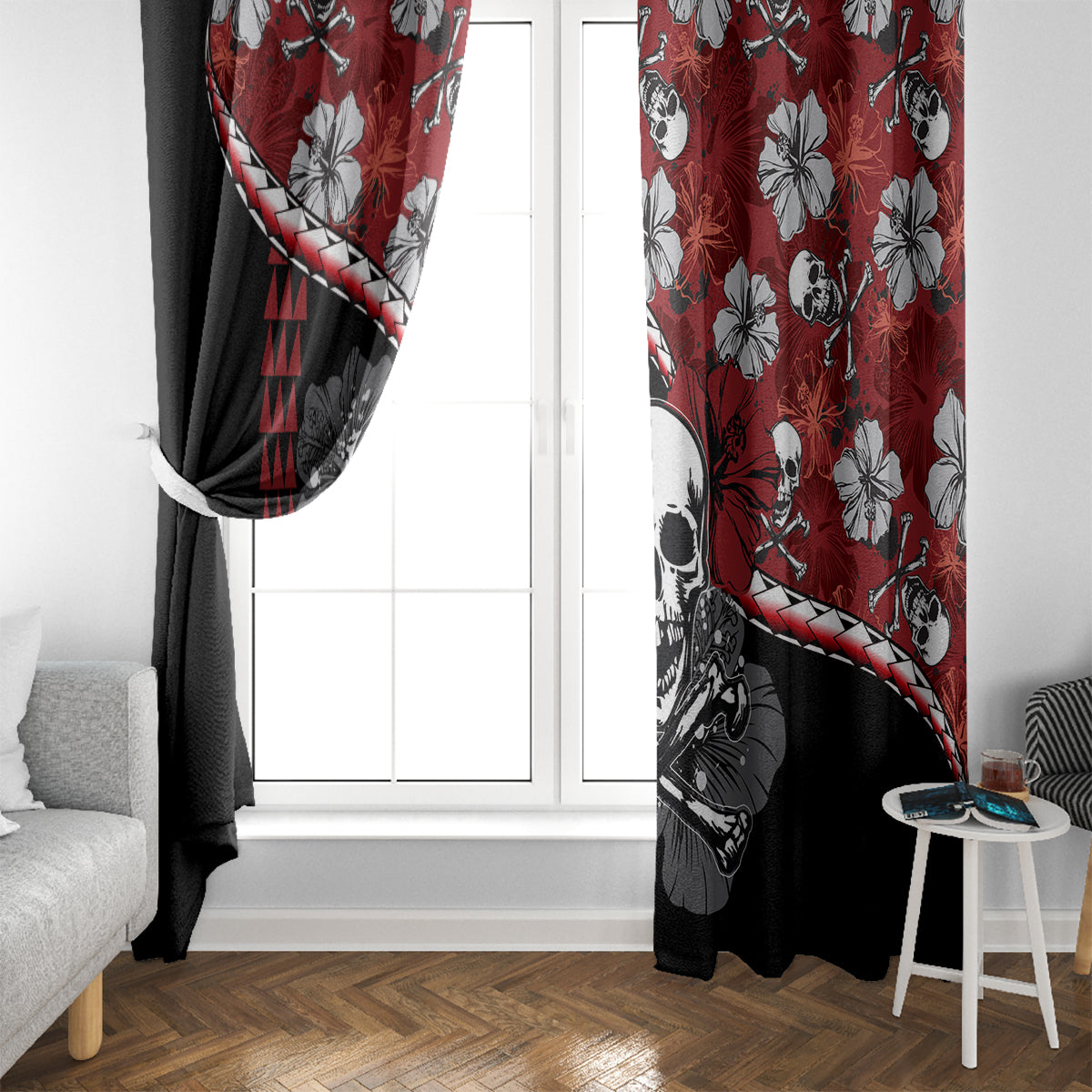 Hawaii Halloween Window Curtain Hibiscus Skull Kakau Pattern LT01 - Polynesian Pride