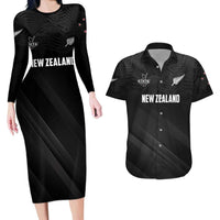 Custom New Zealand Cricket Couples Matching Long Sleeve Bodycon Dress and Hawaiian Shirt Aotearoa Black Cap Come On LT01 Black - Polynesian Pride