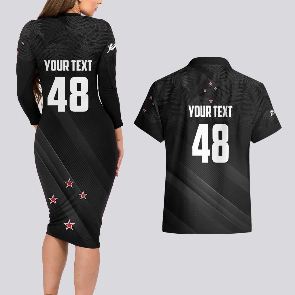 Custom New Zealand Cricket Couples Matching Long Sleeve Bodycon Dress and Hawaiian Shirt Aotearoa Black Cap Come On LT01 - Polynesian Pride
