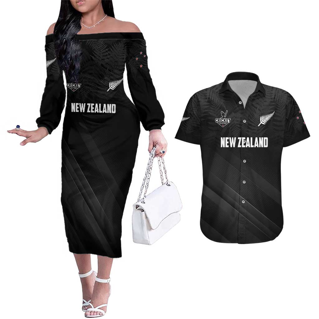 Custom New Zealand Cricket Couples Matching Off The Shoulder Long Sleeve Dress and Hawaiian Shirt Aotearoa Black Cap Come On LT01 Black - Polynesian Pride