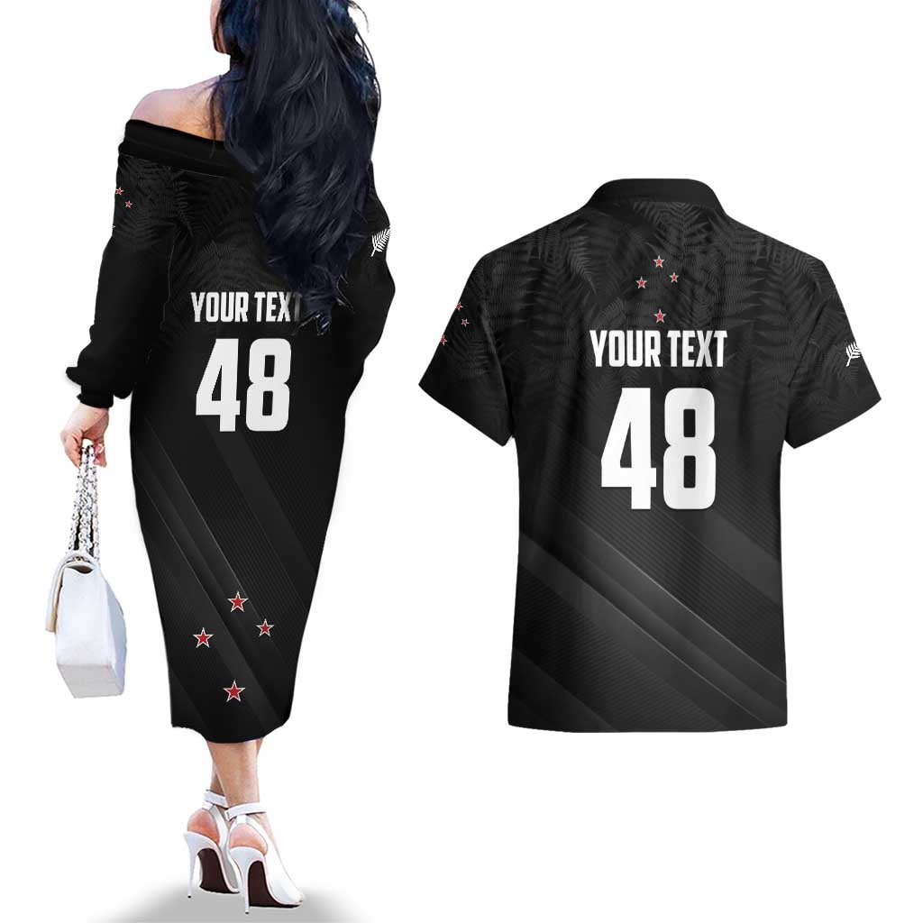 Custom New Zealand Cricket Couples Matching Off The Shoulder Long Sleeve Dress and Hawaiian Shirt Aotearoa Black Cap Come On LT01 - Polynesian Pride