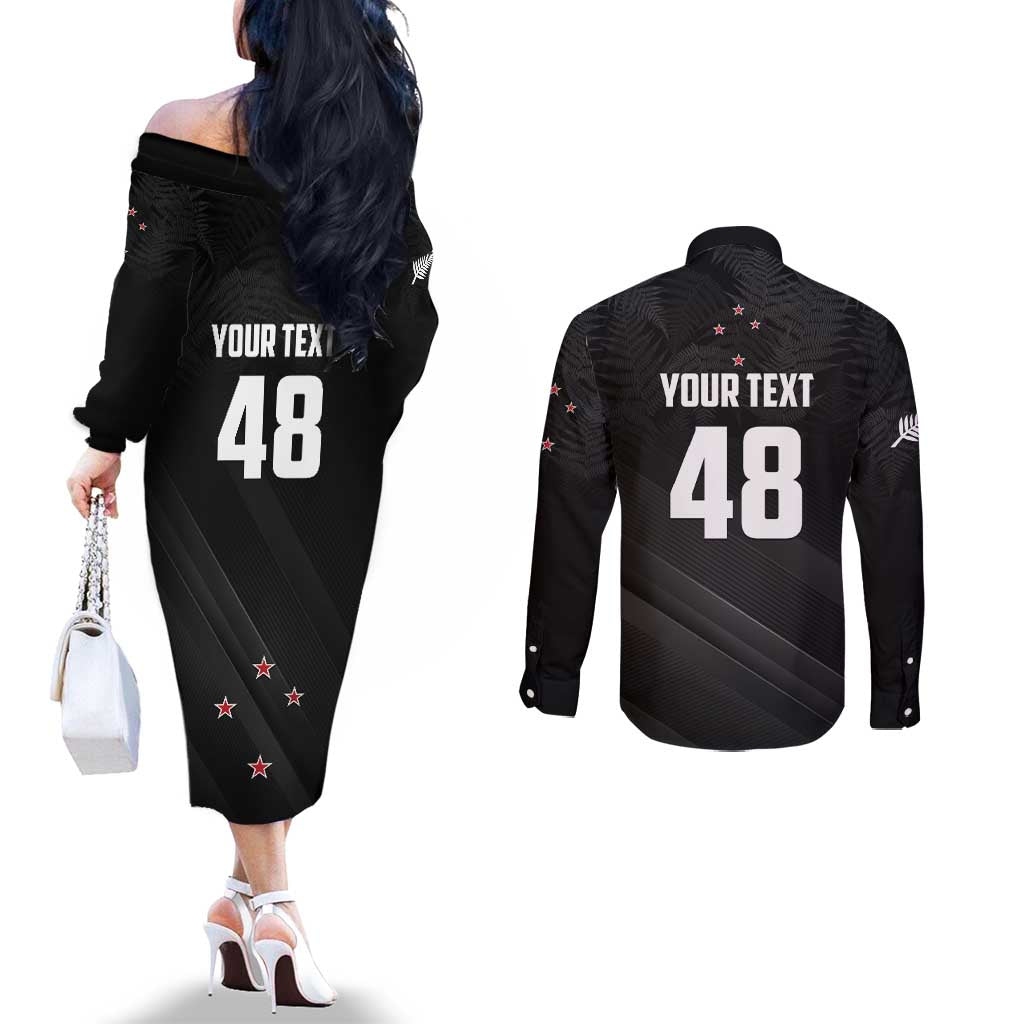 Custom New Zealand Cricket Couples Matching Off The Shoulder Long Sleeve Dress and Long Sleeve Button Shirt Aotearoa Black Cap Come On