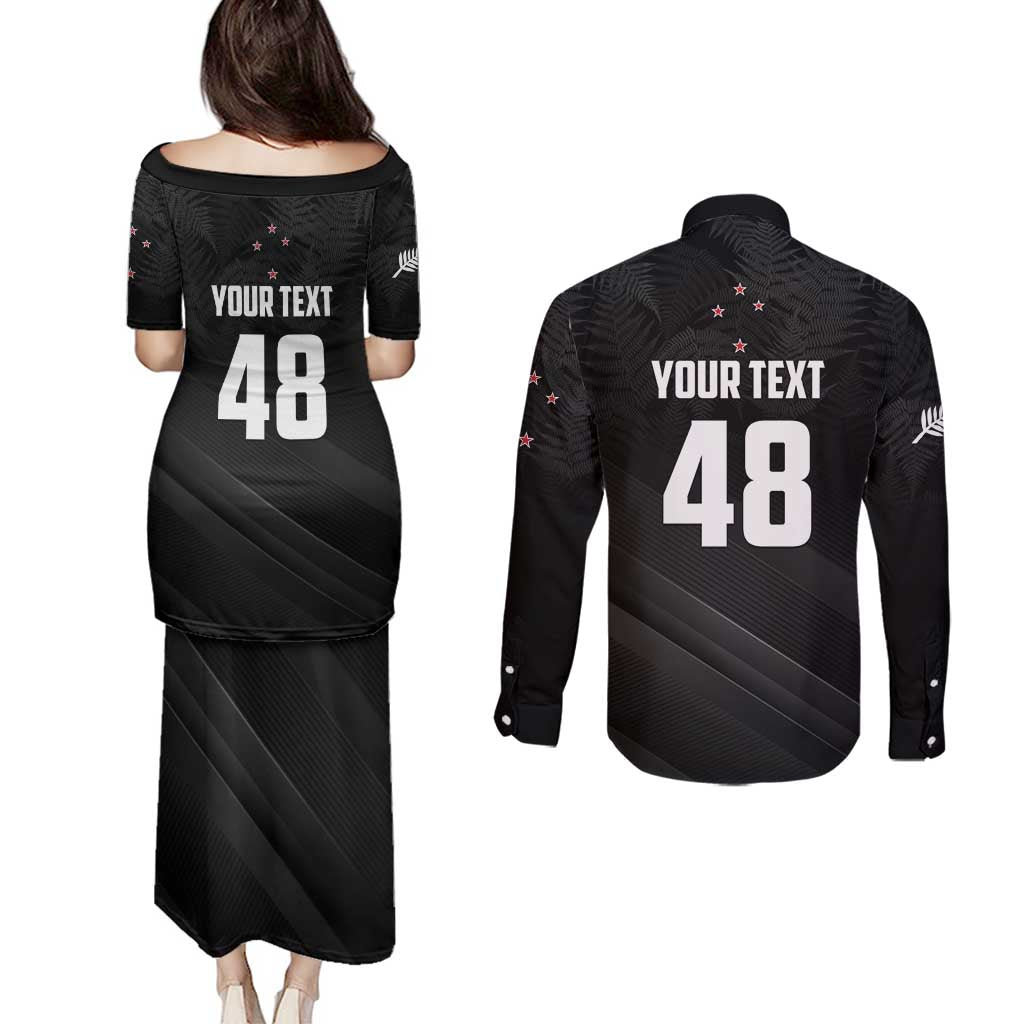 Custom New Zealand Cricket Couples Matching Puletasi and Long Sleeve Button Shirt Aotearoa Black Cap Come On