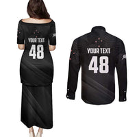 Custom New Zealand Cricket Couples Matching Puletasi and Long Sleeve Button Shirt Aotearoa Black Cap Come On