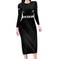 Custom New Zealand Cricket Family Matching Long Sleeve Bodycon Dress and Hawaiian Shirt Aotearoa Black Cap Come On LT01 Mom's Dress Black - Polynesian Pride