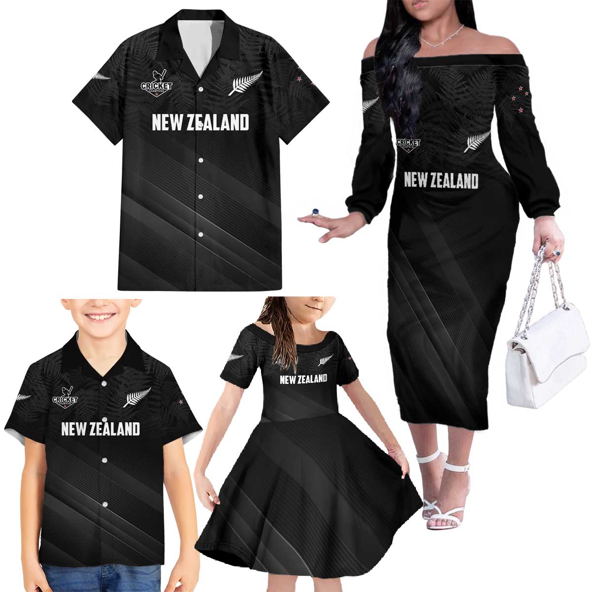 Custom New Zealand Cricket Family Matching Off The Shoulder Long Sleeve Dress and Hawaiian Shirt Aotearoa Black Cap Come On LT01 - Polynesian Pride