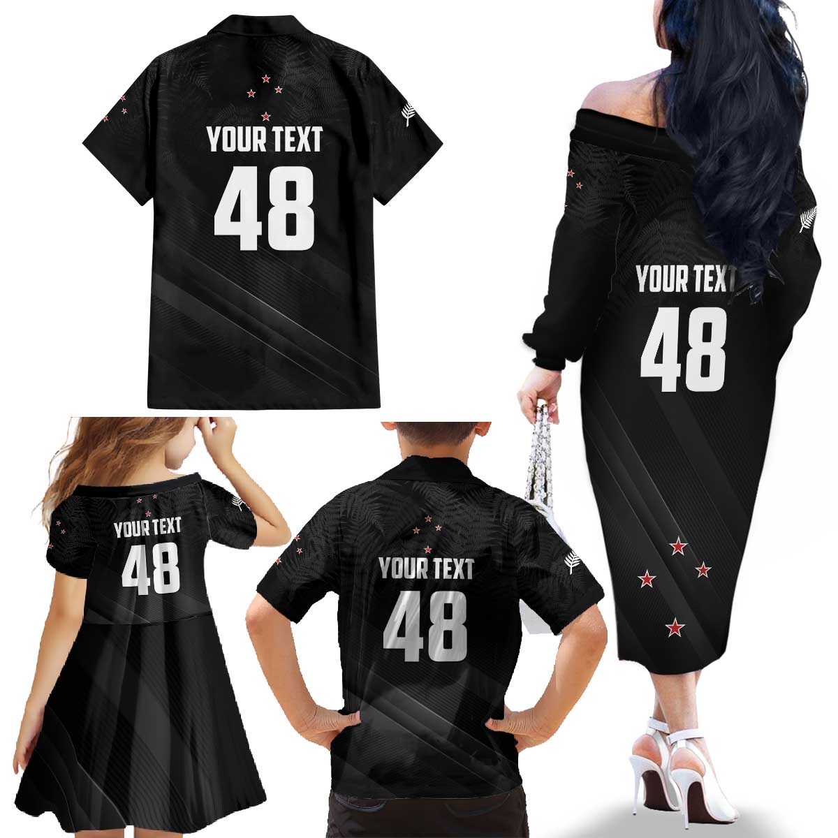 Custom New Zealand Cricket Family Matching Off The Shoulder Long Sleeve Dress and Hawaiian Shirt Aotearoa Black Cap Come On LT01 - Polynesian Pride
