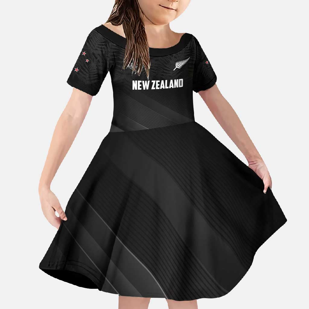 Custom New Zealand Cricket Family Matching Off Shoulder Maxi Dress and Hawaiian Shirt Aotearoa Black Cap Come On LT01 Daughter's Dress Black - Polynesian Pride