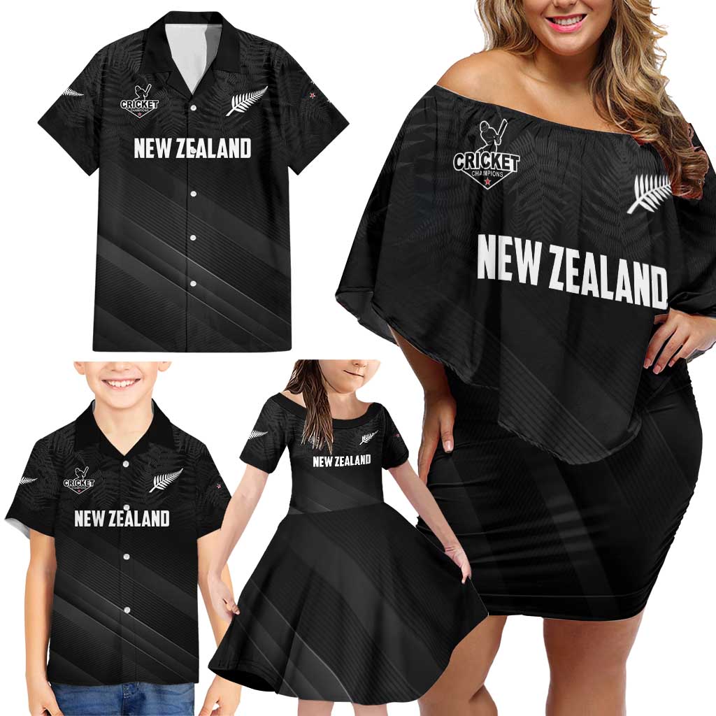 Custom New Zealand Cricket Family Matching Off Shoulder Short Dress and Hawaiian Shirt Aotearoa Black Cap Come On LT01 - Polynesian Pride