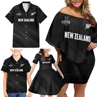 Custom New Zealand Cricket Family Matching Off Shoulder Short Dress and Hawaiian Shirt Aotearoa Black Cap Come On LT01 - Polynesian Pride