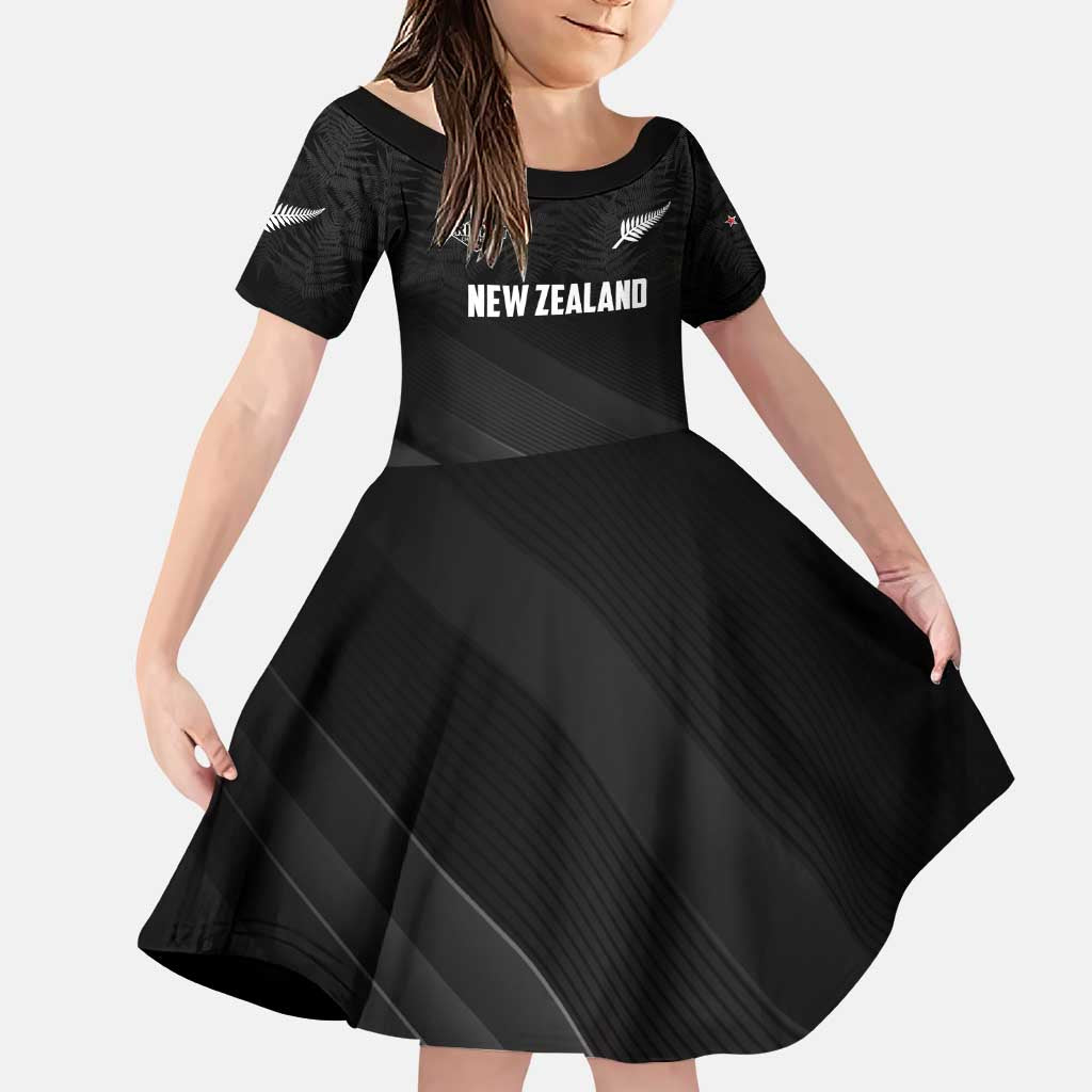Custom New Zealand Cricket Family Matching Puletasi and Hawaiian Shirt Aotearoa Black Cap Come On LT01 Daughter's Dress Black - Polynesian Pride