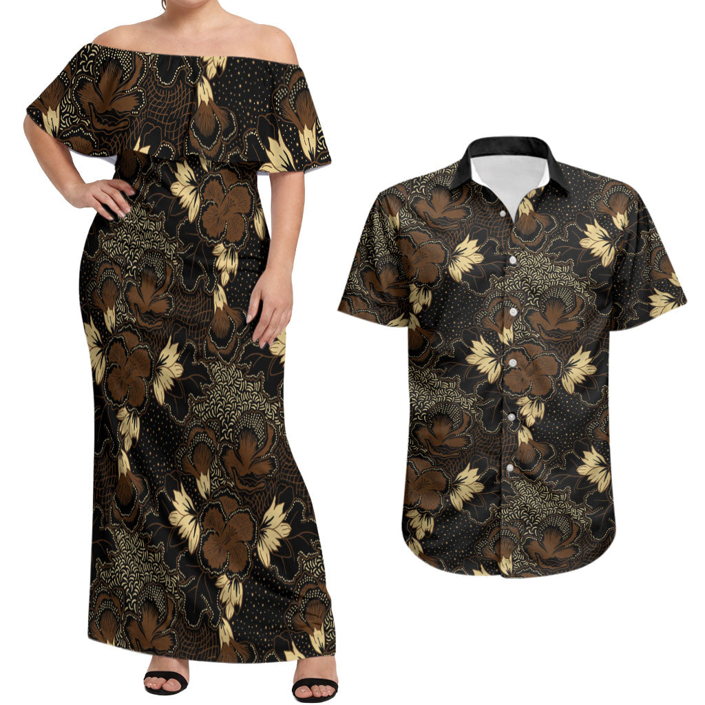 Javanese Batik Semen Couples Matching Off Shoulder Maxi Dress and Hawaiian Shirt Indonesian Traditional Pattern LT01 Black - Polynesian Pride