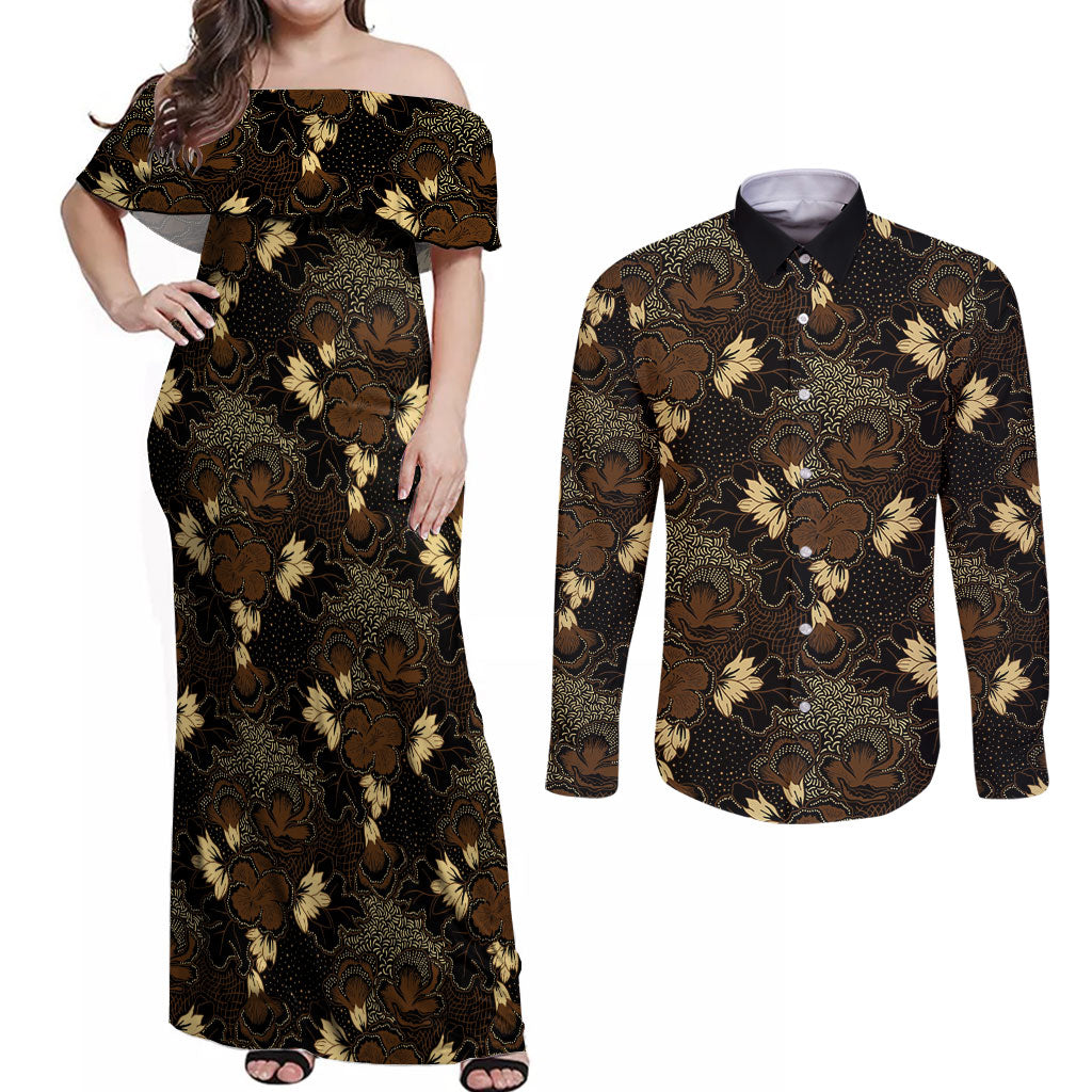 Javanese Batik Semen Couples Matching Off Shoulder Maxi Dress and Long Sleeve Button Shirt Indonesian Traditional Pattern LT01 Black - Polynesian Pride