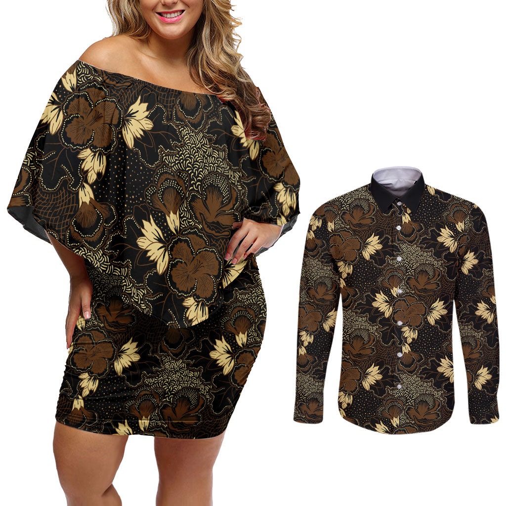 Javanese Batik Semen Couples Matching Off Shoulder Short Dress and Long Sleeve Button Shirt Indonesian Traditional Pattern LT01 Black - Polynesian Pride