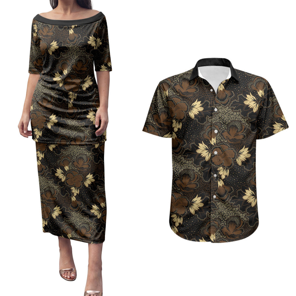 Javanese Batik Semen Couples Matching Puletasi and Hawaiian Shirt Indonesian Traditional Pattern LT01 Black - Polynesian Pride