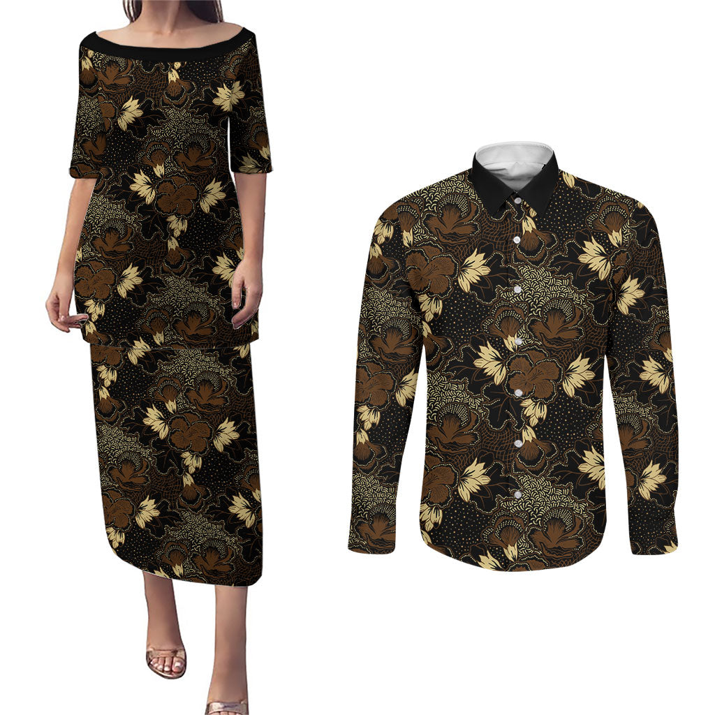 Javanese Batik Semen Couples Matching Puletasi and Long Sleeve Button Shirt Indonesian Traditional Pattern LT01 Black - Polynesian Pride