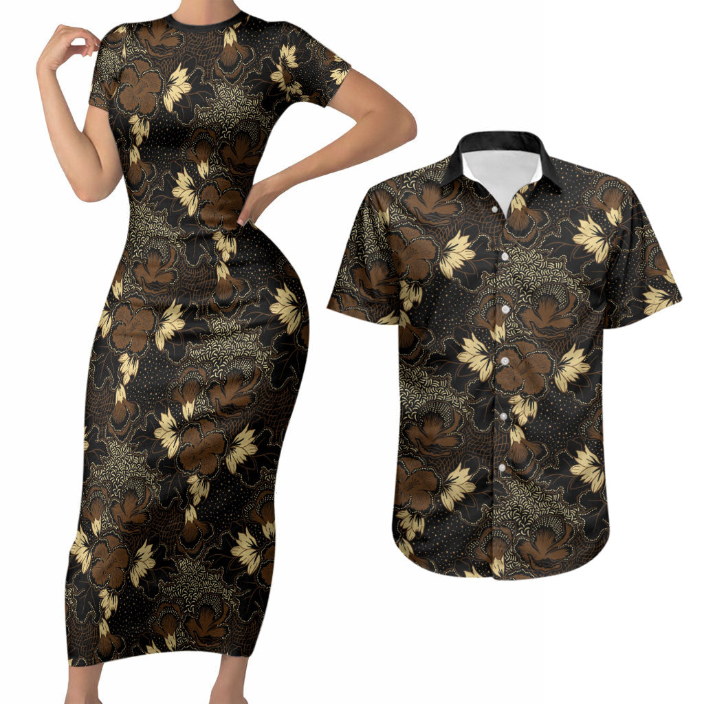 Javanese Batik Semen Couples Matching Short Sleeve Bodycon Dress and Hawaiian Shirt Indonesian Traditional Pattern LT01 Black - Polynesian Pride