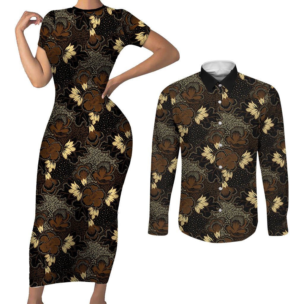 Javanese Batik Semen Couples Matching Short Sleeve Bodycon Dress and Long Sleeve Button Shirt Indonesian Traditional Pattern LT01 Black - Polynesian Pride