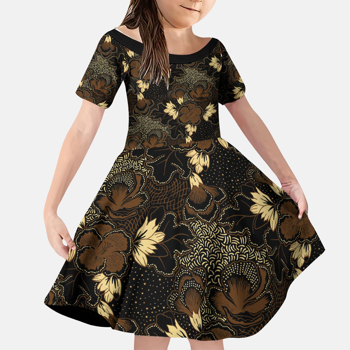 Javanese Batik Semen Kid Short Sleeve Dress Indonesian Traditional Pattern