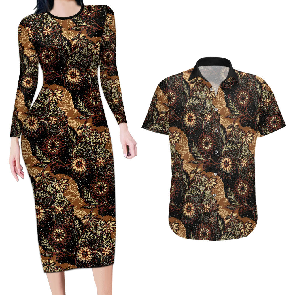 Batik Pedalaman Semen Lereng Style Couples Matching Long Sleeve Bodycon Dress and Hawaiian Shirt Indonesian Traditional Pattern