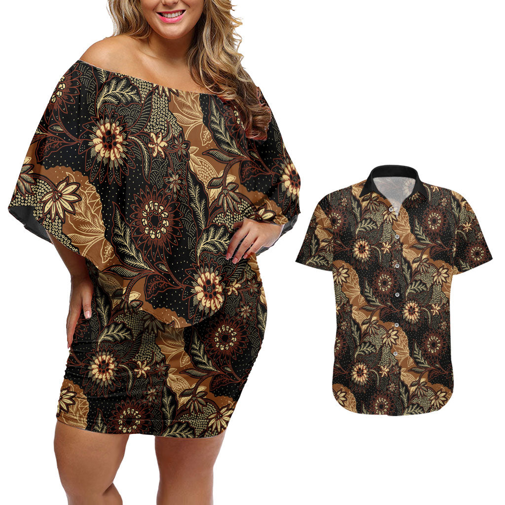 Batik Pedalaman Semen Lereng Style Couples Matching Off Shoulder Short Dress and Hawaiian Shirt Indonesian Traditional Pattern