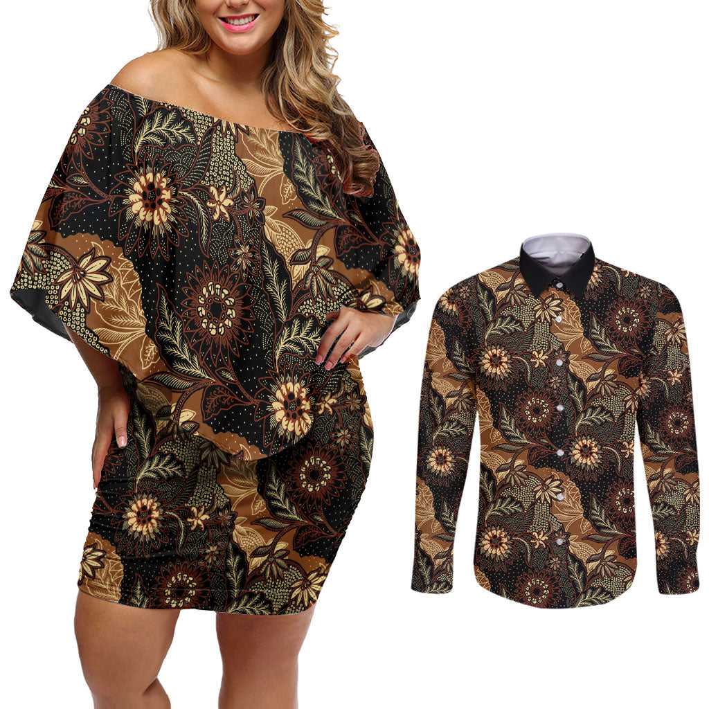 Batik Pedalaman Semen Lereng Style Couples Matching Off Shoulder Short Dress and Long Sleeve Button Shirt Indonesian Traditional Pattern LT01 Black - Polynesian Pride