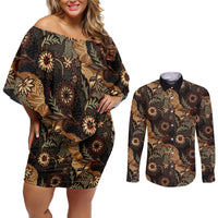 Batik Pedalaman Semen Lereng Style Couples Matching Off Shoulder Short Dress and Long Sleeve Button Shirt Indonesian Traditional Pattern