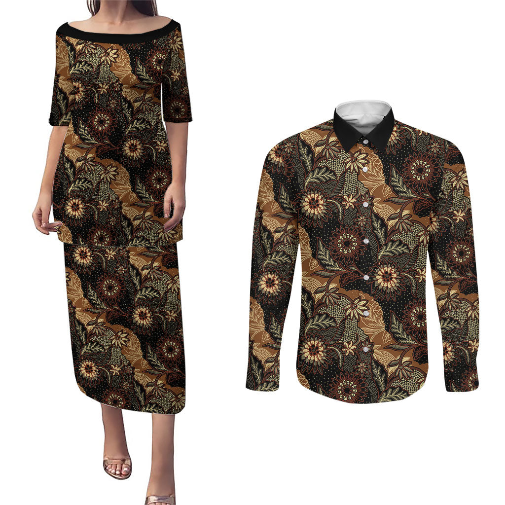 Batik Pedalaman Semen Lereng Style Couples Matching Puletasi and Long Sleeve Button Shirt Indonesian Traditional Pattern LT01 Black - Polynesian Pride
