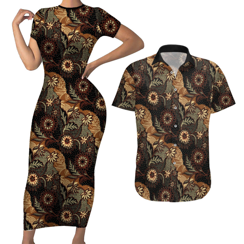 Batik Pedalaman Semen Lereng Style Couples Matching Short Sleeve Bodycon Dress and Hawaiian Shirt Indonesian Traditional Pattern