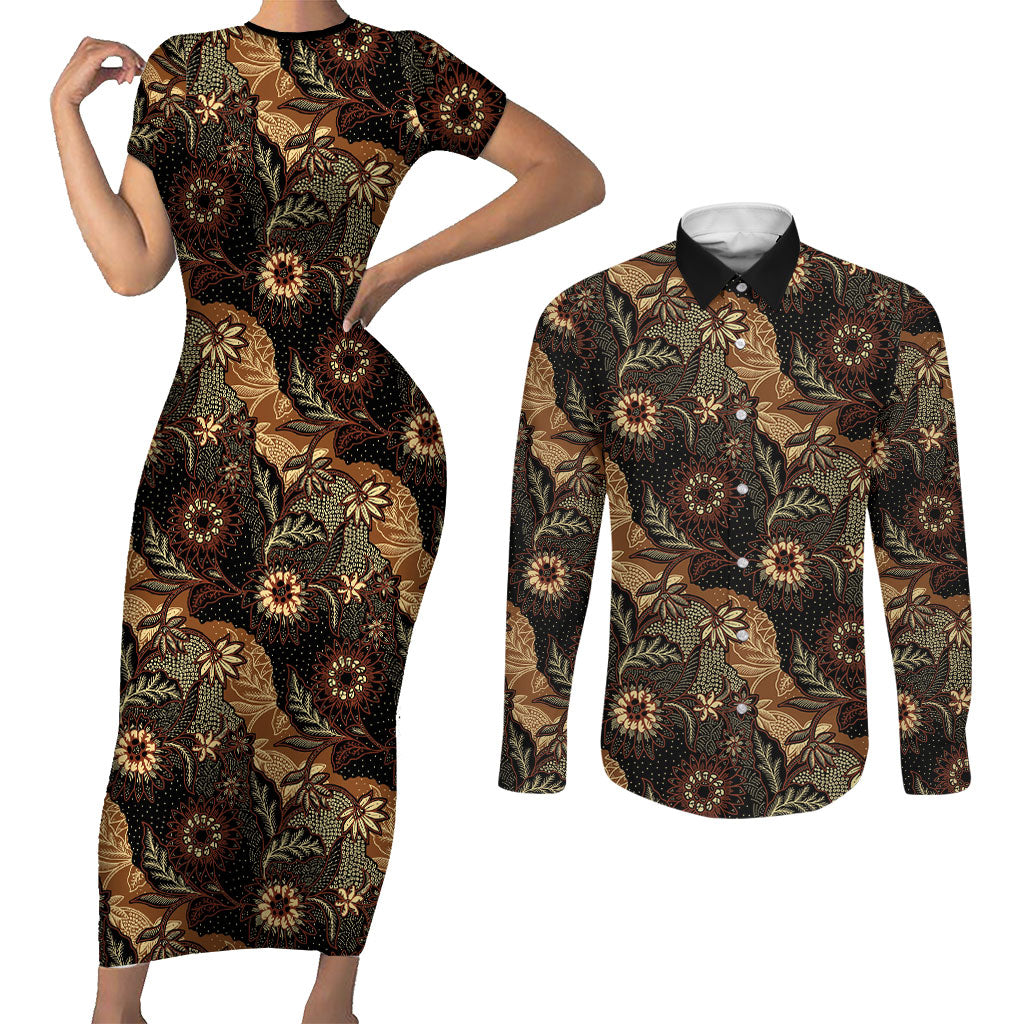 Batik Pedalaman Semen Lereng Style Couples Matching Short Sleeve Bodycon Dress and Long Sleeve Button Shirt Indonesian Traditional Pattern