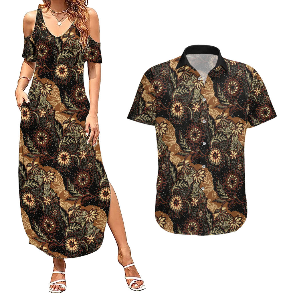 Batik Pedalaman Semen Lereng Style Couples Matching Summer Maxi Dress and Hawaiian Shirt Indonesian Traditional Pattern