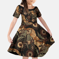 Batik Pedalaman Semen Lereng Style Family Matching Long Sleeve Bodycon Dress and Hawaiian Shirt Indonesian Traditional Pattern LT01 Daughter's Dress Black - Polynesian Pride