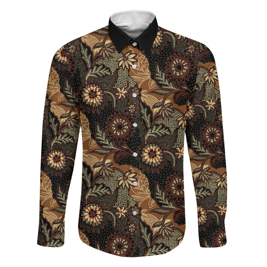 Batik Pedalaman Semen Lereng Style Family Matching Long Sleeve Bodycon Dress and Hawaiian Shirt Indonesian Traditional Pattern LT01 Dad's Shirt - Long Sleeve Black - Polynesian Pride