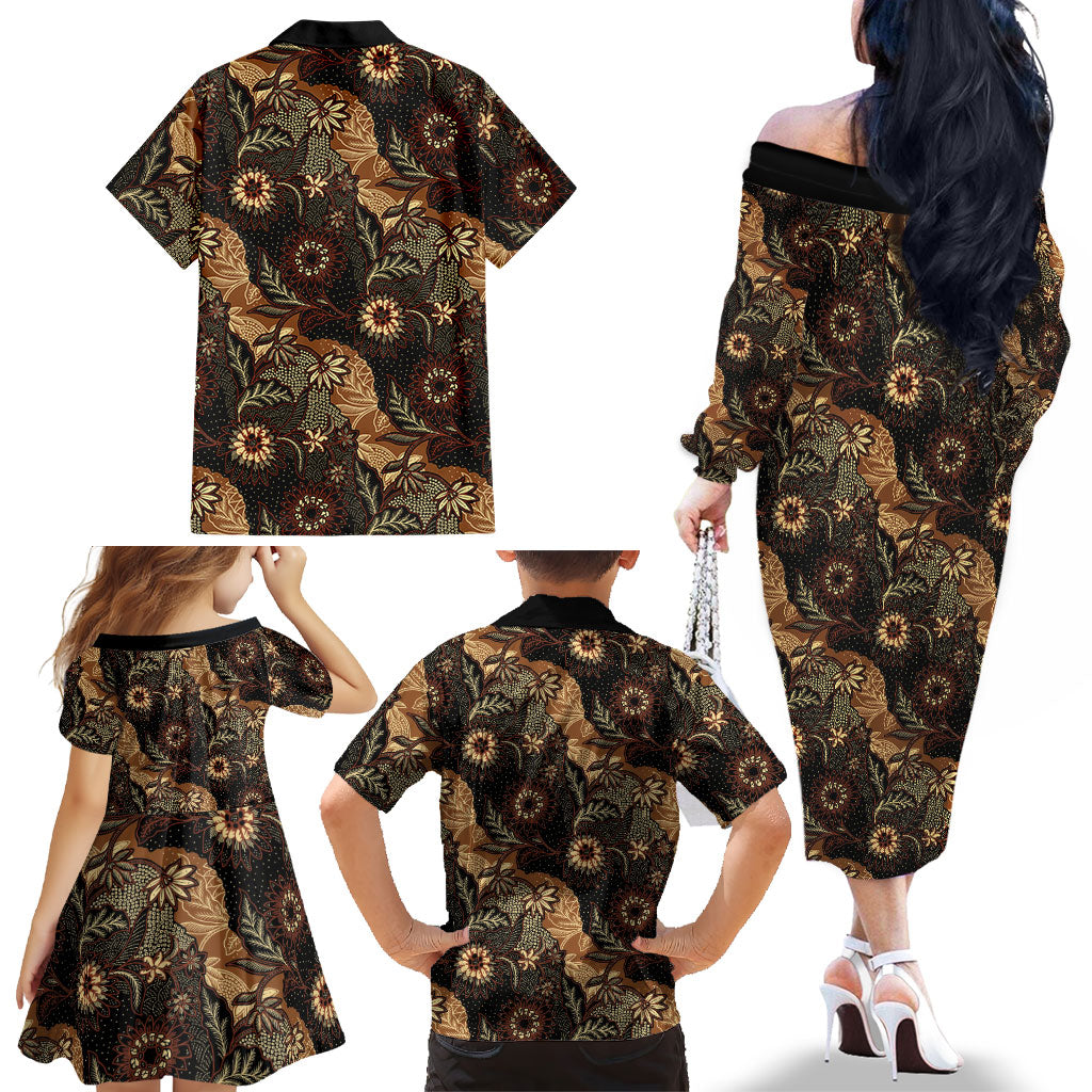 Batik Pedalaman Semen Lereng Style Family Matching Off The Shoulder Long Sleeve Dress and Hawaiian Shirt Indonesian Traditional Pattern LT01 - Polynesian Pride