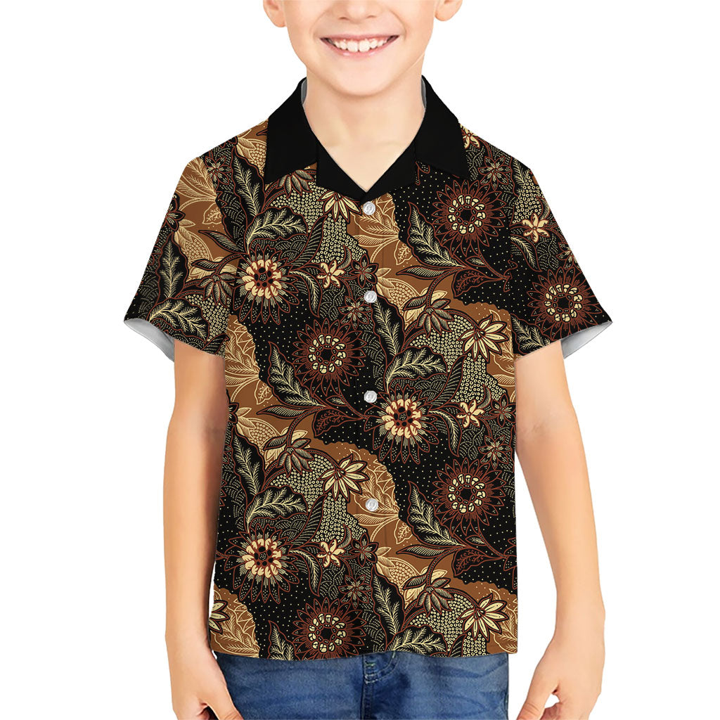 Batik Pedalaman Semen Lereng Style Family Matching Off The Shoulder Long Sleeve Dress and Hawaiian Shirt Indonesian Traditional Pattern LT01 Son's Shirt Black - Polynesian Pride