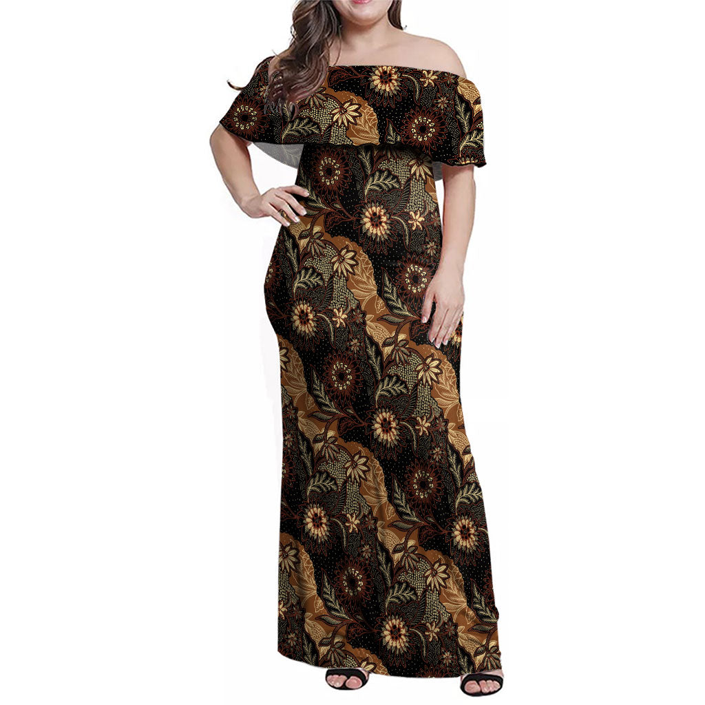 Batik Pedalaman Semen Lereng Style Family Matching Off Shoulder Maxi Dress and Hawaiian Shirt Indonesian Traditional Pattern LT01 Mom's Dress Black - Polynesian Pride