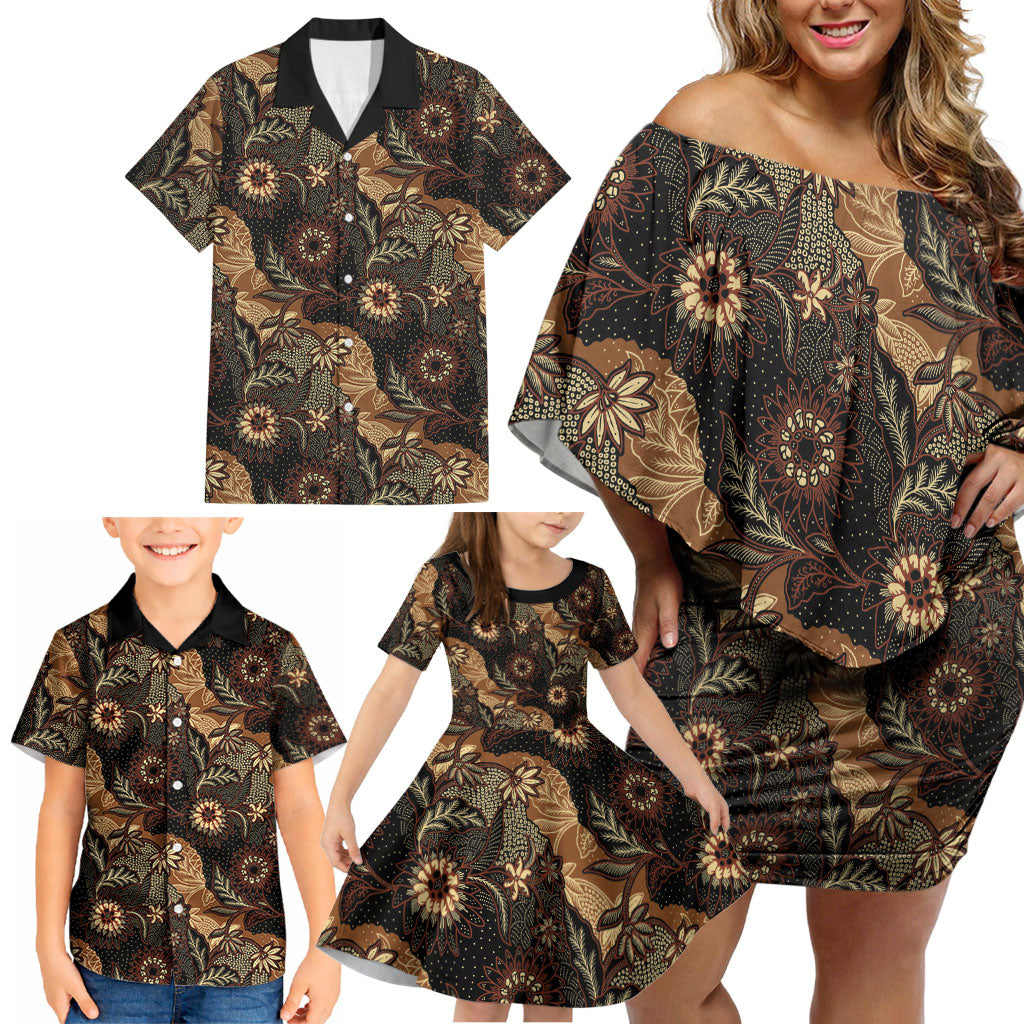 Batik Pedalaman Semen Lereng Style Family Matching Off Shoulder Short Dress and Hawaiian Shirt Indonesian Traditional Pattern LT01 - Polynesian Pride