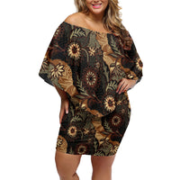 Batik Pedalaman Semen Lereng Style Family Matching Off Shoulder Short Dress and Hawaiian Shirt Indonesian Traditional Pattern LT01 Mom's Dress Black - Polynesian Pride