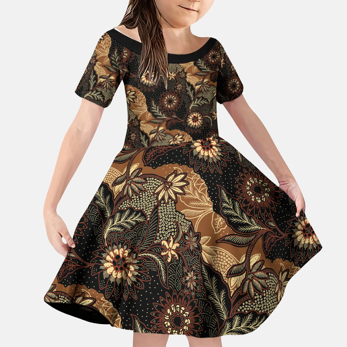 Batik Pedalaman Semen Lereng Style Kid Short Sleeve Dress Indonesian Traditional Pattern LT01 KID Black - Polynesian Pride