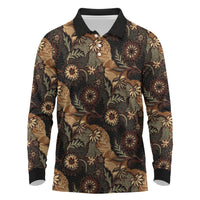Batik Pedalaman Semen Lereng Style Long Sleeve Polo Shirt Indonesian Traditional Pattern LT01 Black - Polynesian Pride