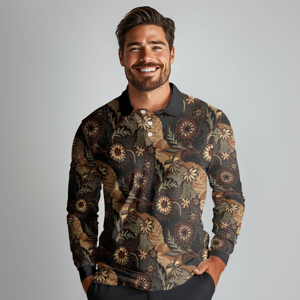 Batik Pedalaman Semen Lereng Style Long Sleeve Polo Shirt Indonesian Traditional Pattern LT01 - Polynesian Pride