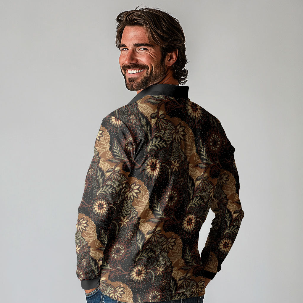 Batik Pedalaman Semen Lereng Style Long Sleeve Polo Shirt Indonesian Traditional Pattern LT01 - Polynesian Pride