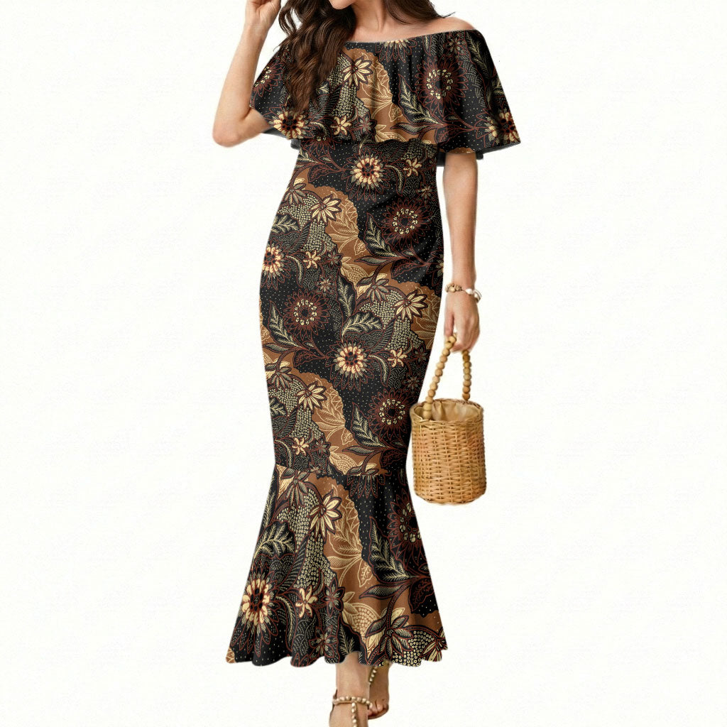 Batik Pedalaman Semen Lereng Style Mermaid Dress Indonesian Traditional Pattern LT01 Women Black - Polynesian Pride